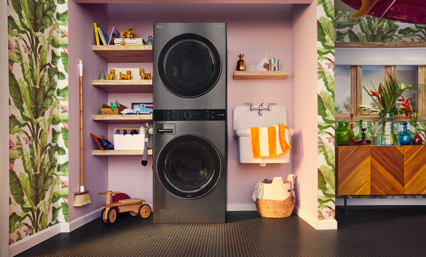 lg laundry pair in palm leaf and pink laundry room